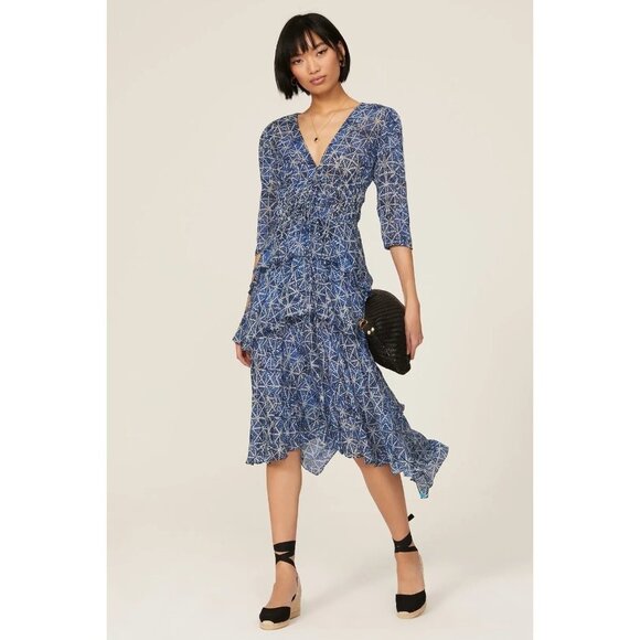 Maje Rufflani Blue Floral Print Ruffled V-Neck Dress Women's Size FR 38 - Picture 1 of 11